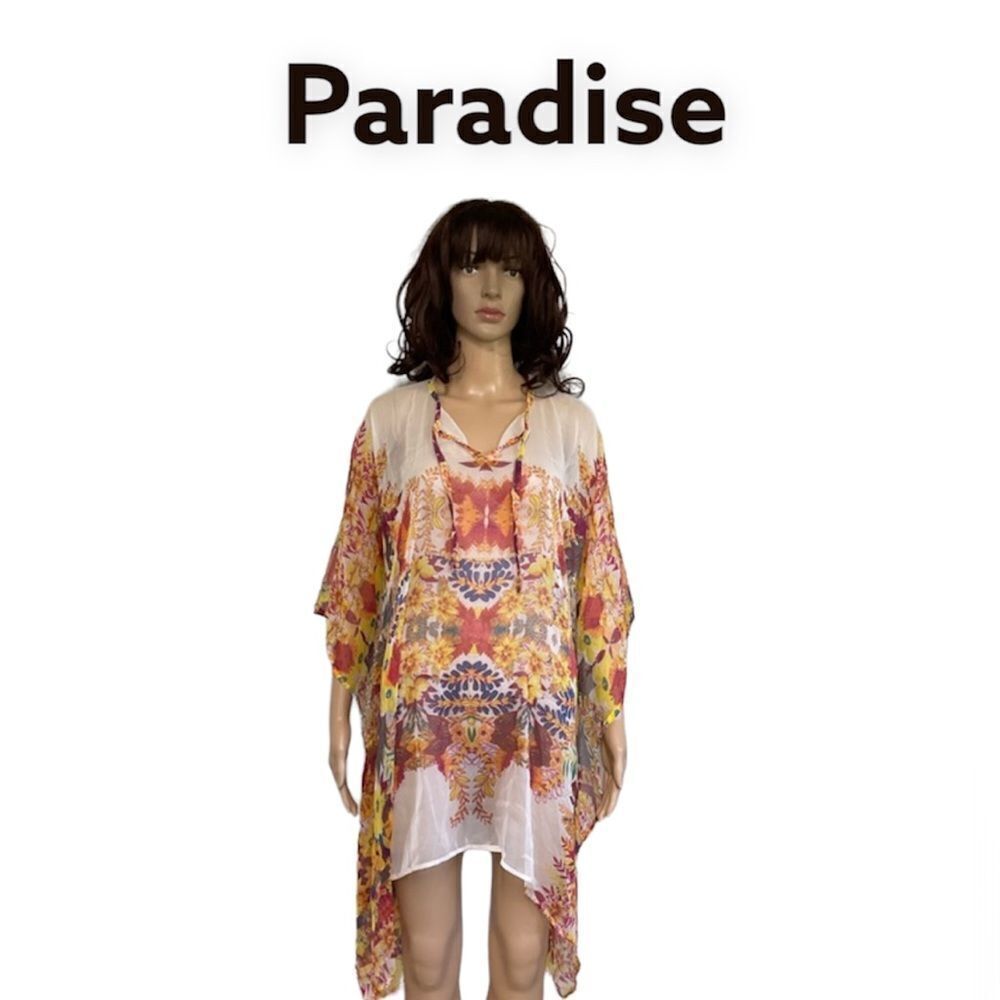 Paradise Orange White Printed Kaftan Style  Viscose Cover-Up Tunic OS